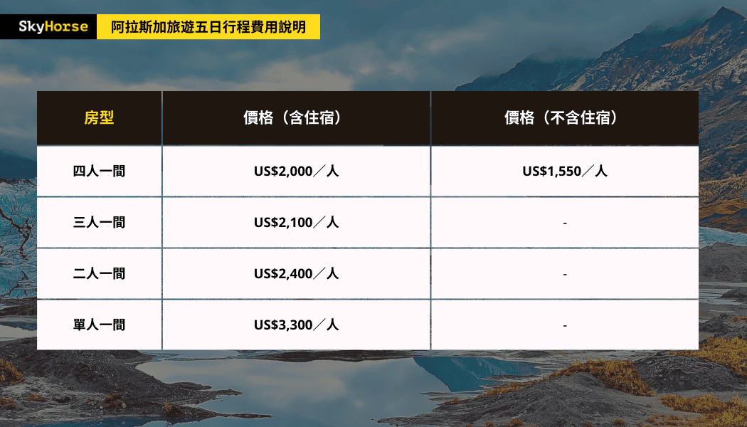 天馬租車阿拉斯加五天夏季行程團費價格表